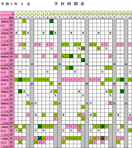 令和3年4月学科時間表