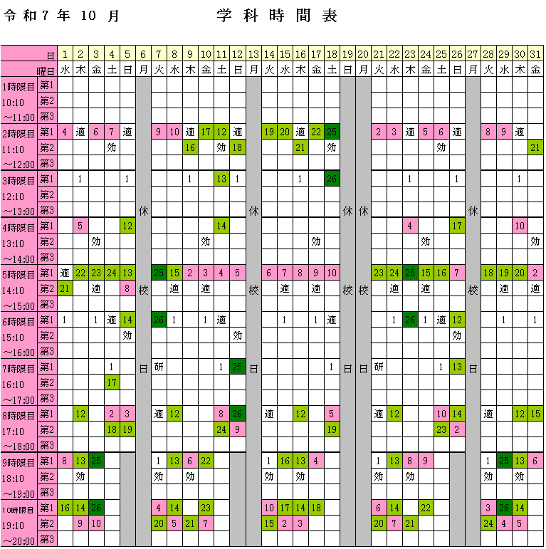 2025年10月学科時間表